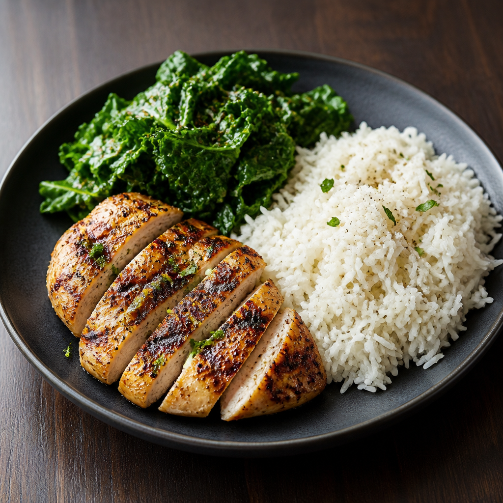 Grilled chicken, jasmine rice, greens