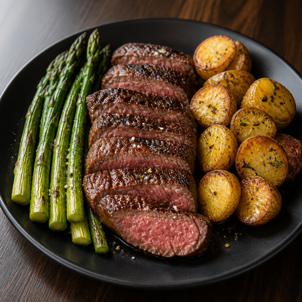 Sirloin, roasted potatoes, asparagus